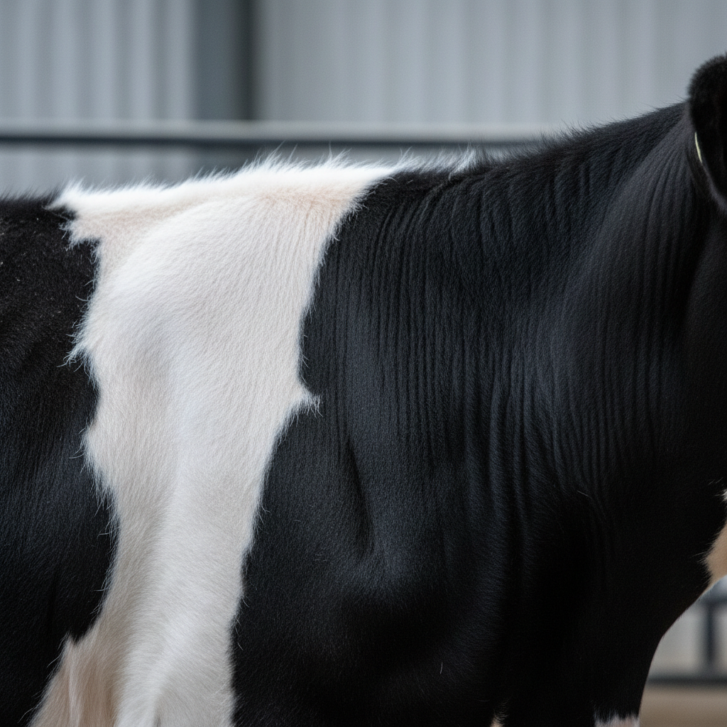 An up-close, detail-focused photograph of a dairy cow’s textured hide, highlighting the contrast between velvety black and stark white fur, and the soft, nuanced folds of its muscular neck. The background is softly blurred, showing faint hints of industrial fencing and pale walls, providing a corporate setting without distraction. Diffused, cool lighting from above produces fine, detailed highlights along the cow’s contours and eliminates harsh shadows. The mood conveys refinement, attention to quality, and exclusivity. Captured with a shallow depth of field for a tactile, almost abstract impression, this image supports the premium nature of the cattle being auctioned in a clean, professional context.