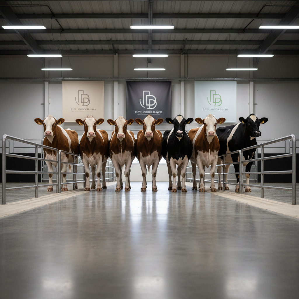 A meticulously staged row of dairy cattle in various rich brown, cream, and black patterns, each animal groomed and standing alert in a gleaming, spacious auction barn. Polished steel railings and spotless concrete walkways reflect soft, bright artificial lighting from above. Banners with understated, modern logos hang in the background, while subtle neutral tones dominate the environment. The image is taken from a low, wide-angle perspective, emphasizing the impressive stature and health of each animal while maintaining a structured, geometric composition. The overall feel is polished, efficient, and trustworthy, embodying a photographic, professional style tailored for elite livestock transactions.