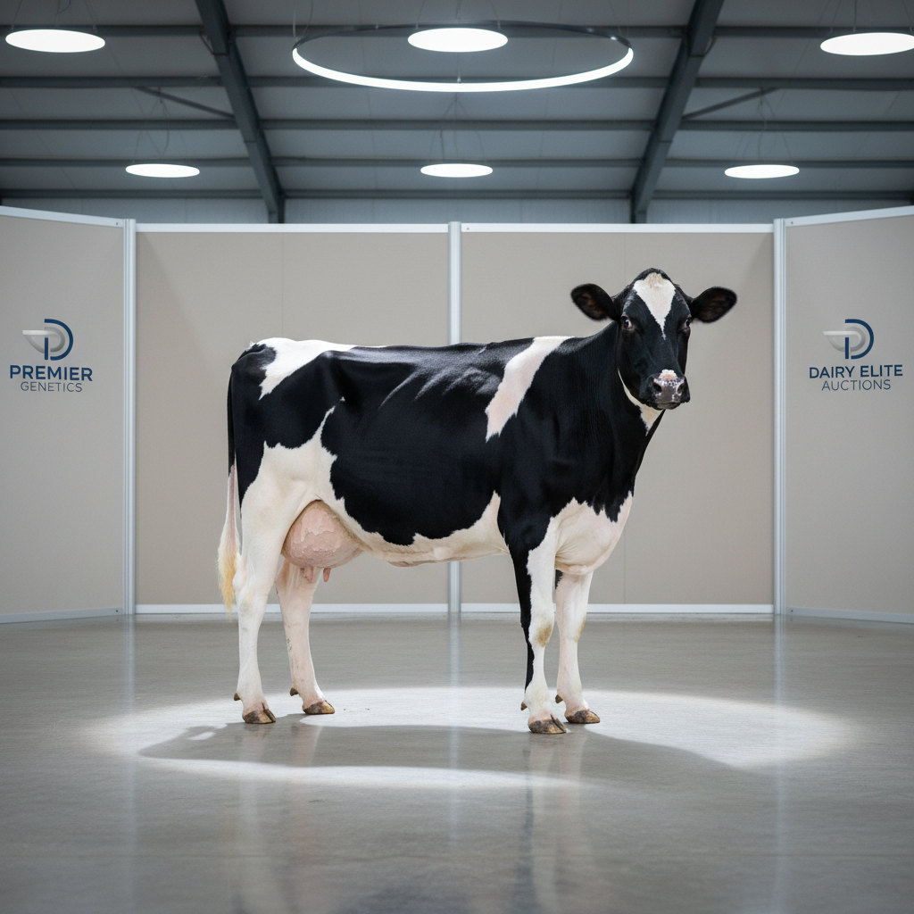 A champion Holstein dairy cow with a glossy black and white coat, prominent udder, and striking symmetrical markings, standing squarely in a pristine exhibition arena. The background features immaculately clean, neutral-toned partition walls and polished concrete flooring, with subtle accents of corporate branding. Cool, diffused artificial lighting overhead casts even illumination, creating subtle reflections beneath the cow and minimal, soft shadows that enhance the cow’s form. The atmosphere feels calm, orderly, and professional, conveying prestige and trust. Framed with an eye-level perspective and balanced composition, the scene maintains sharp focus throughout for a highly detailed, photographic realism that aligns with a clean, modern business aesthetic. This image is ideal for a hero banner on a high-quality dairy cattle auction site.