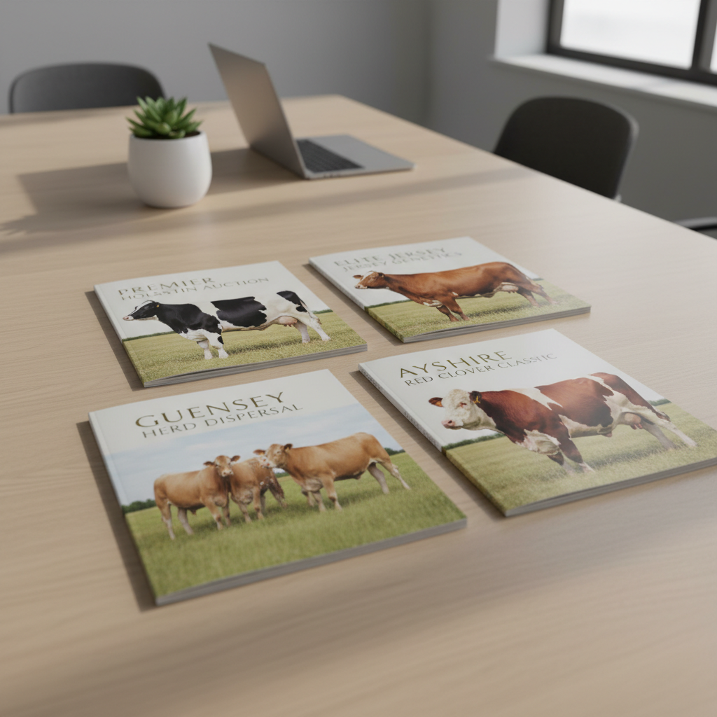 A collection of four neatly arranged dairy cattle auction catalogs with high-resolution glossy covers, each featuring a stylized photograph of premier dairy cattle. The catalogs rest on a smooth, pale oak conference table in a minimalist meeting room, accompanied by a small potted plant and a closed laptop in the far background. Soft, neutral-toned overhead lighting creates a sense of clarity and professionalism, casting delicate shadows and subtle highlights on the catalogs' edges. The mood is organized, corporate, and inviting, emphasizing structure and informed decision-making. Shot from a slightly elevated angle using the rule of thirds for visual interest, the composition is crisp and uncluttered, exuding a photographic, clean-line aesthetic well suited for a major business sale event.